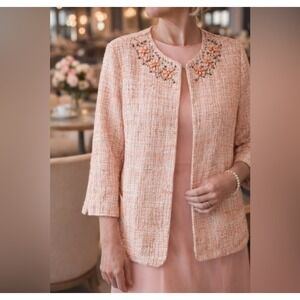 Alfred Dunner Pink Tweed Beaded Floral Jacket Petite 16P Ope Front Blazer 3/4Slv